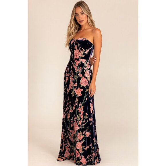 Lulus Dresses & Skirts - ✨ NWT Lulus Navy Velvet Floral Strapless Maxi Gown XS ✨
